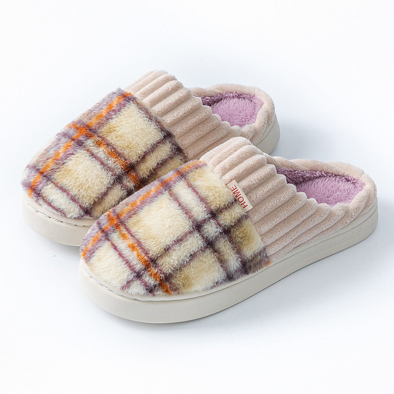 Plaid Plush Slippers Warm Soft Non-slip Bedroom Home Slipper For Couples Women Men House Shoes CJD