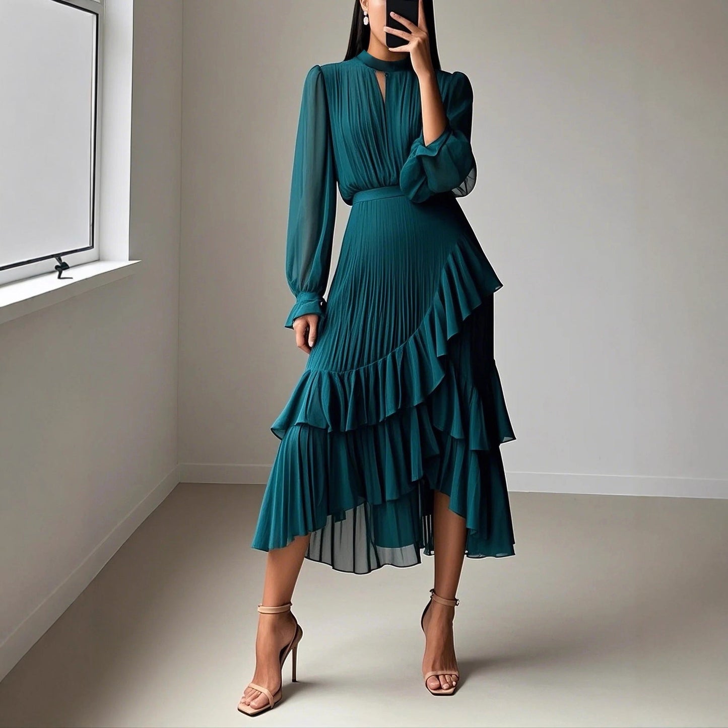 Ruffled Pleated Midi Dress For Women NorixaFashion.com