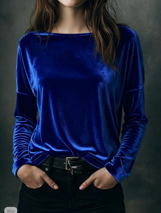 Female Solid Color Loose Fit Crew-neck Pullover Velvet T-shirt LadyShow.Store