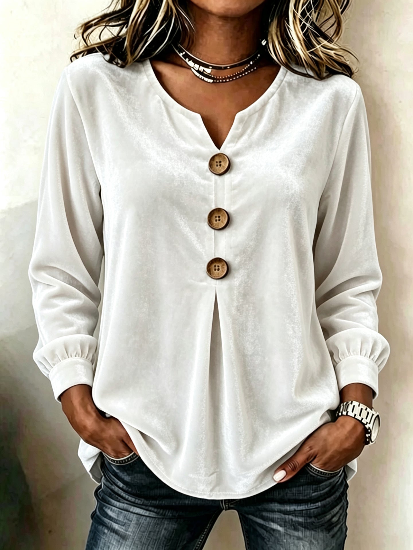 Elegant V-neck Buttoned Long-sleeve Velvet Blouse For Women NorixaFashion.com