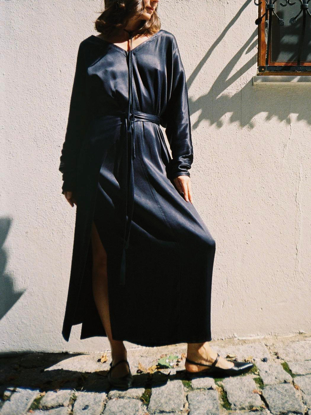Navy Blue Satin Tie-Waist Slit Long Sleeve Maxi Dress NorixaFashion.com