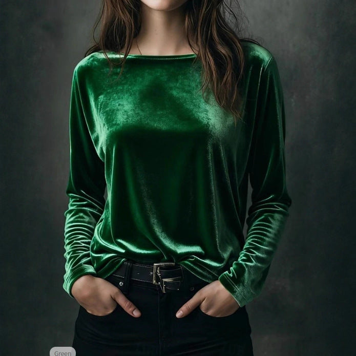 Female Solid Color Loose Fit Crew-neck Pullover Velvet T-shirt LadyShow.Store