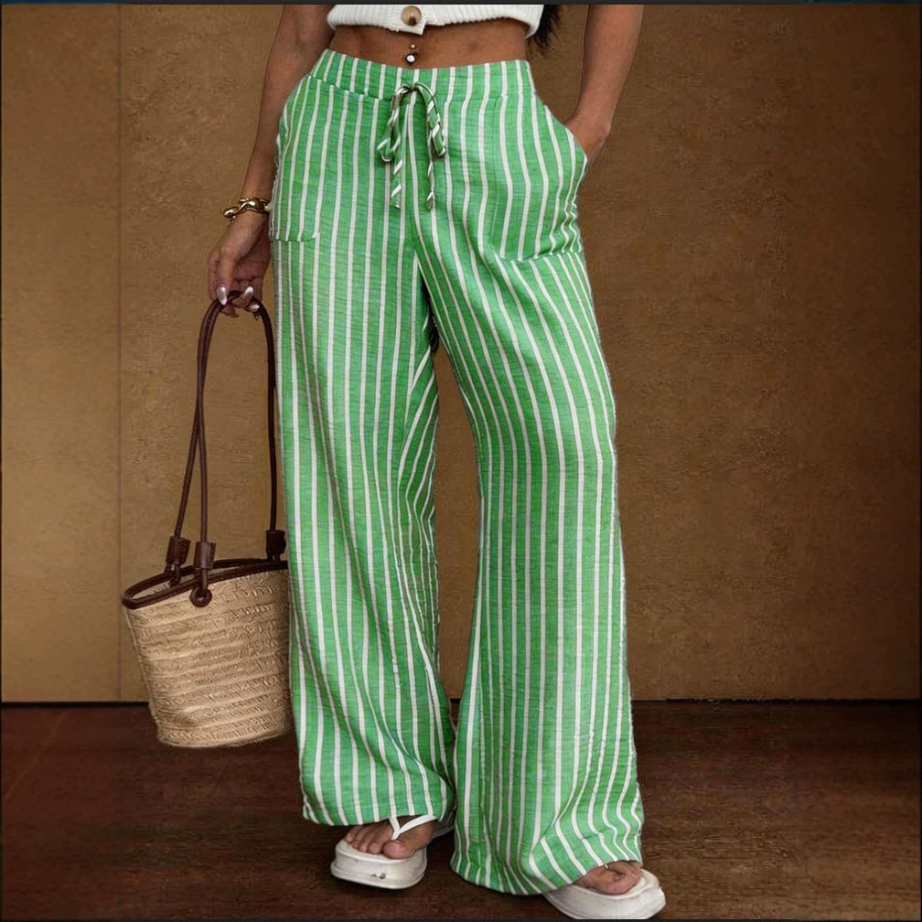 Striped Loose Commuter Casual Lace-up Elastic-waist Wide-leg Trousers NorixaFashion.com