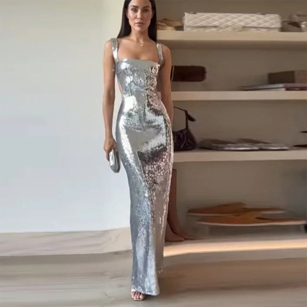 Silver Sequin Halter Dress NorixaFashion.com