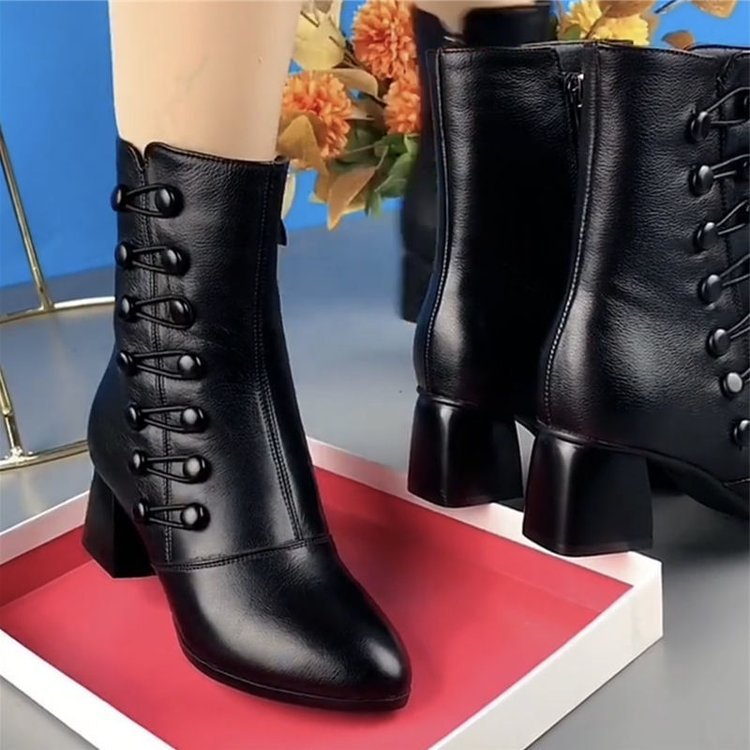 Soft Leather Ankle Boots Fashion Mid Heel Mid-calf High Heels LadyShow.Store