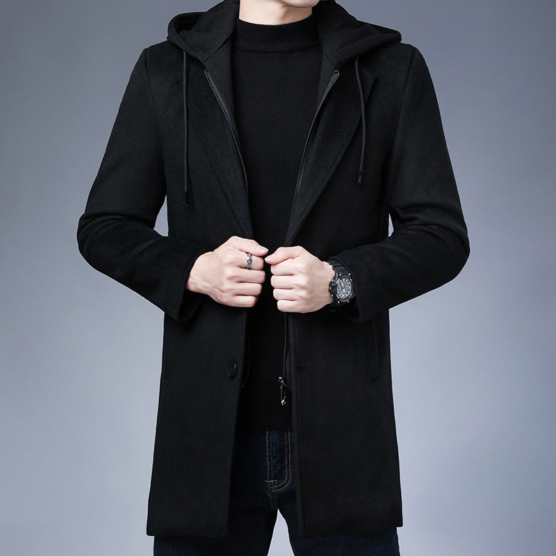 Men's Mid-Length Detachable Hooded Wool Coat Jacket Pi-Mart