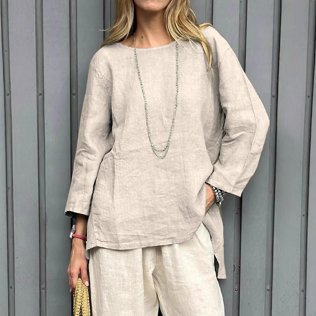 Vintage Cotton-Linen Crew-Neck Long-Sleeve Fashion Blouse For Women LadyShow.Store