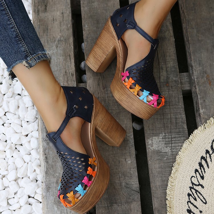 Printed Ethnic Style High-heeled Women's Floral Buckle Chunky Heel Toe Roman Sandals LadyShow.Store