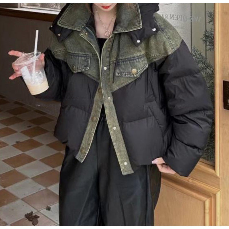 Winter Denim Stitching Hooded Down Jacket Short Loose And Warm White Duck Down Coat Best YouTube Store