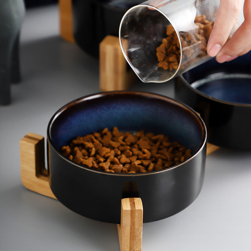 Starry Sky Ceramic Cat Bowl Protects Cervical Spine Wooden Frame Double Bowl Pets Fashion