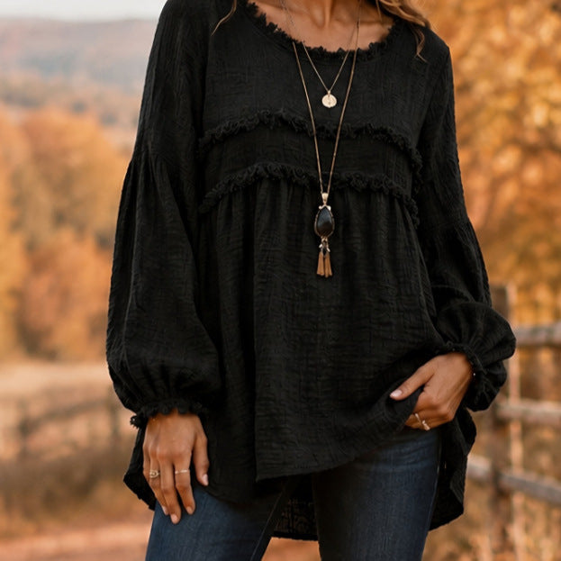 Casual Patchwork Tassel Fringe Crew-Neck T-Shirt Top NorixaFashion.com
