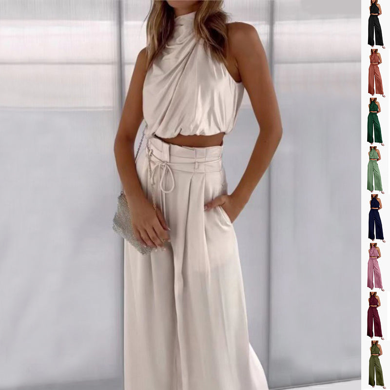 Summer Suits Casual Sleeveless Midriff-baring Top And Wide Leg Pants 2pcs Set Womens Clothing NorixaFashion.com