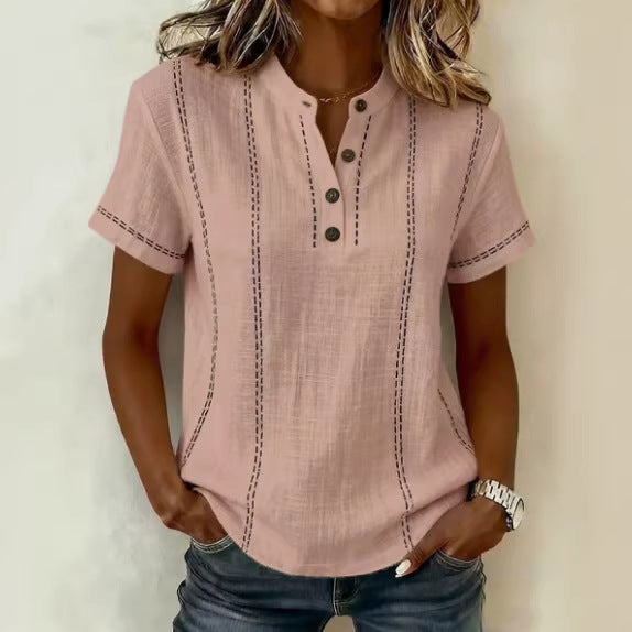 Summer Striped Short-Sleeve Shirts Casual Stand-Collar V-neck Button Blouse Womens Clothing LadyShow.Store