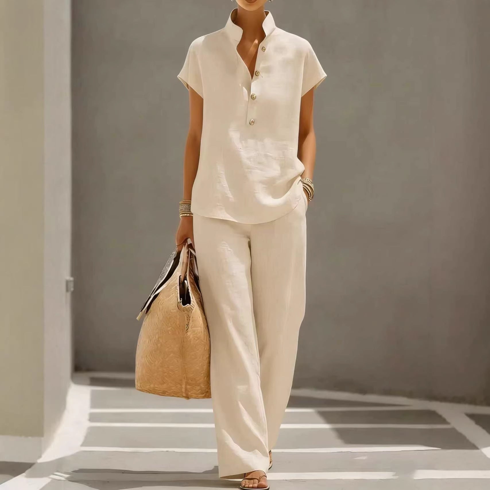 Casual Lazy-Style Cardigan Short-Sleeve Pants Solid-Color Set NorixaFashion.com