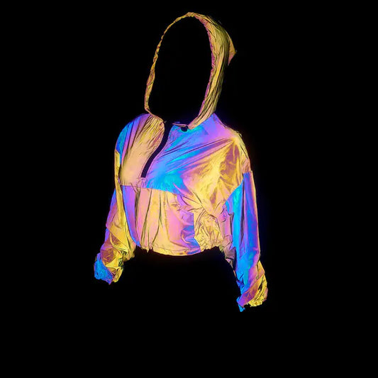 Women's Colorful Reflective Hooded Jacket Crop Top