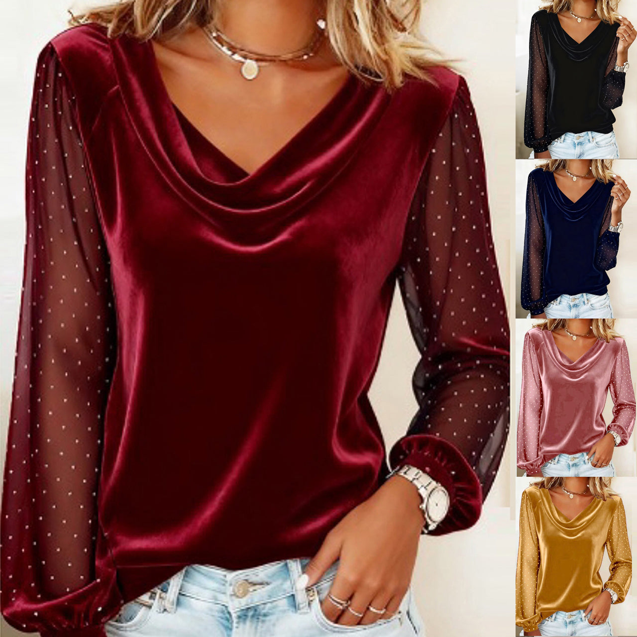 Women's Long Sleeve V-neck Velvet T-Shirt Women Elegant Diamond Mesh Sleeve Loose Tee Tops Christmas Clothes Women Shirt Red LadyShow.Store