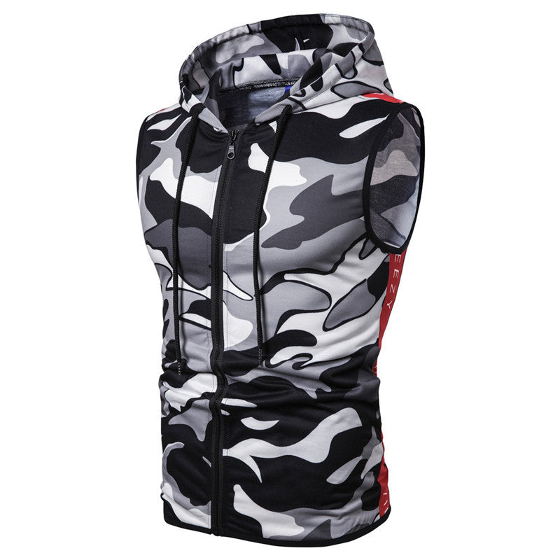 Zipper Hooded Sleeveless Camouflage Printed Fitness Sports Vest