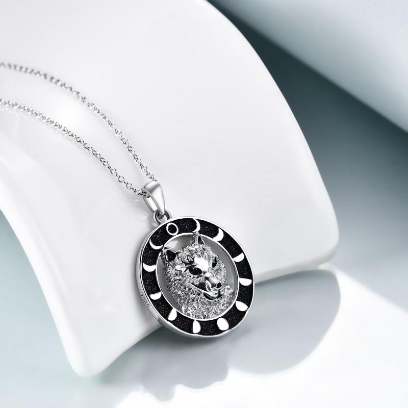 Wolf Pendant Necklace 925 Sterling Silver Moon Phase LadyShow.Store