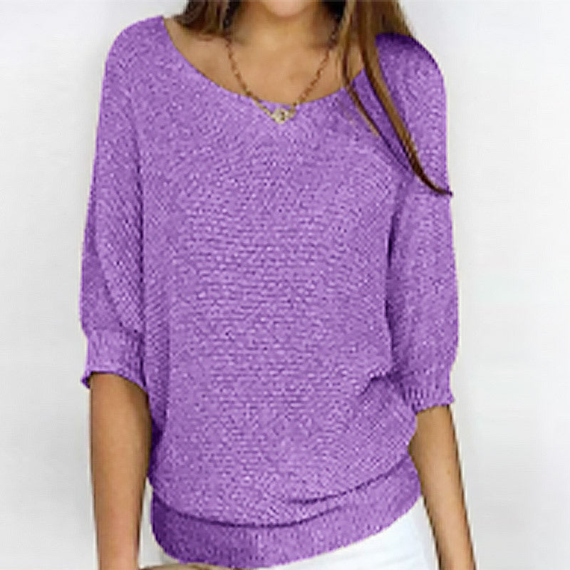 Three-quarter Sleeve Pullover Sweater Fashion Solid Color Loose Round Neck Knitted Top For Women Clothing NorixaFashion.com