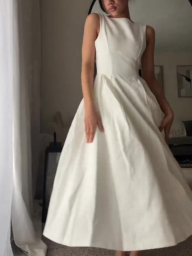 White Round Neck Sleeveless Swing Dress NorixaFashion.com