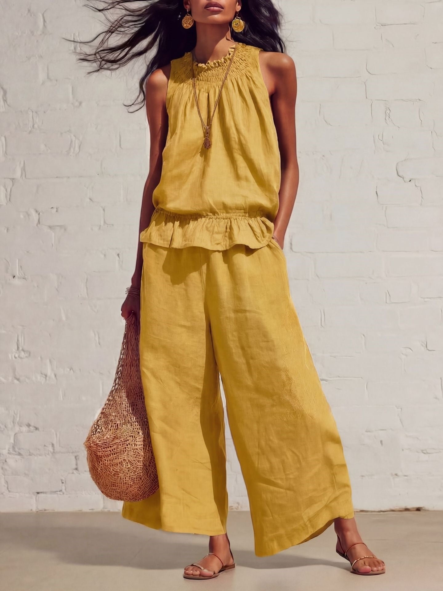 Summer Sleeveless Suit Fashion Ruffled Vest Top And Straight-leg Pants Women's Two-Piece Set NorixaFashion.com