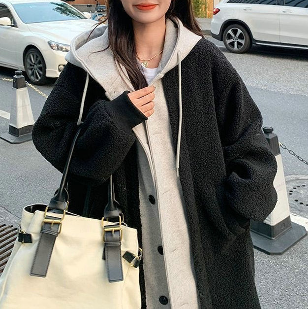 Long Hooded Dress Coat Lambswool All-match Loose Fashionable Jacket LuxuryLifeWay Online Store