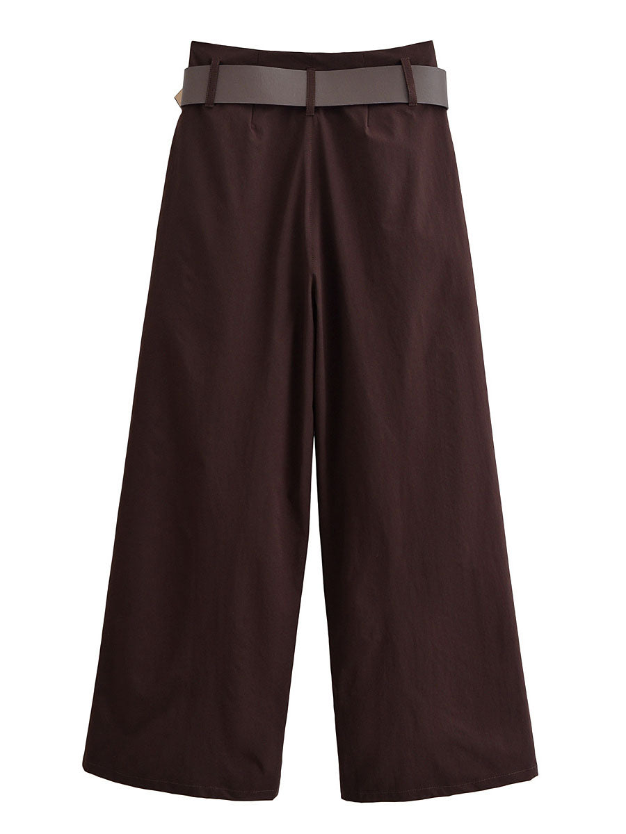 Chocolate Brown High-Waisted Wide-Leg Trousers With Belt NorixaFashion.com
