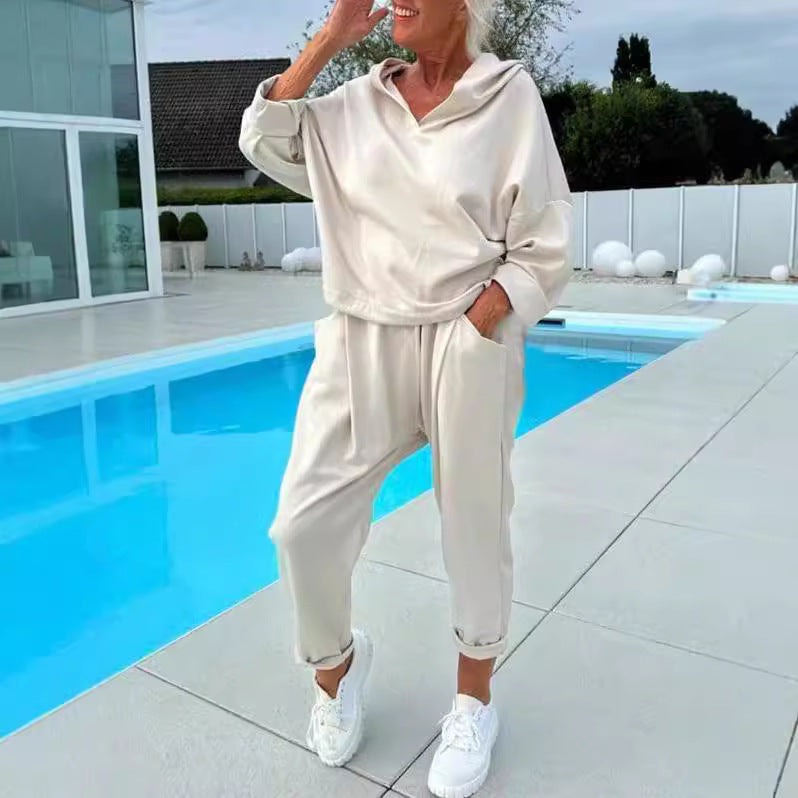 Women's Solid Color Hooded Sweatshirt Two-piece Set LadyShow.Store