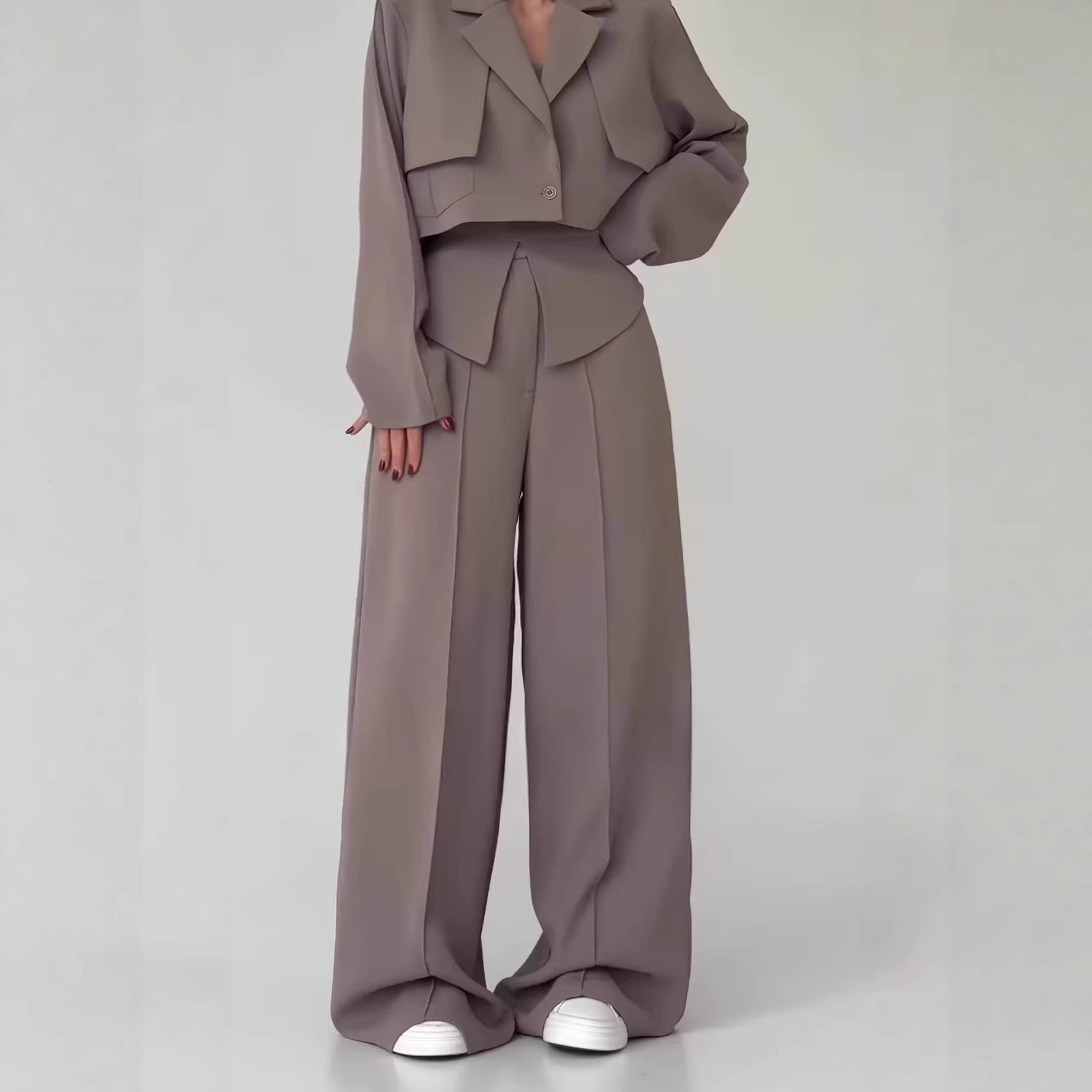 Womens Solid-color Elegant Blazer And Wide-leg Suspender Pants Set NorixaFashion.com