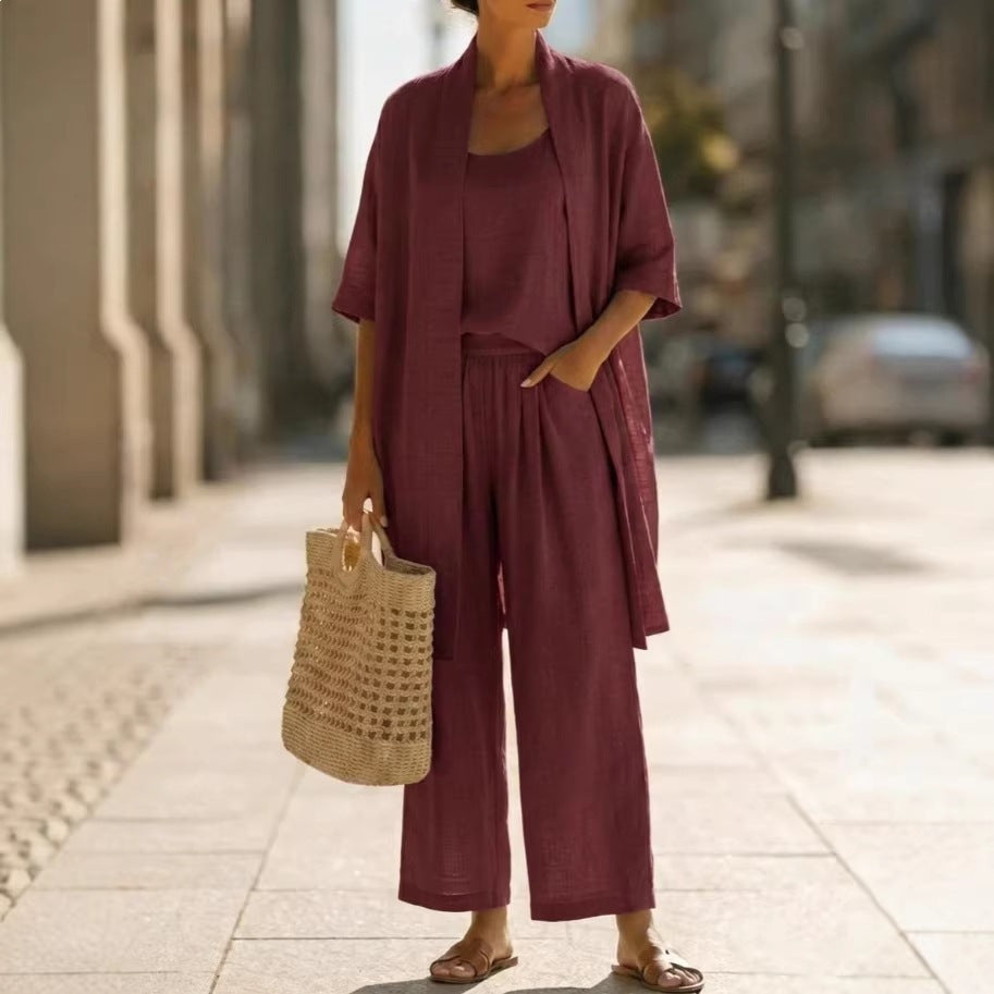Three-piece Suit Women's Mid-length Cardigan Tank Top And Straight-leg With Pockets Fashion Trousers Set NorixaFashion.com