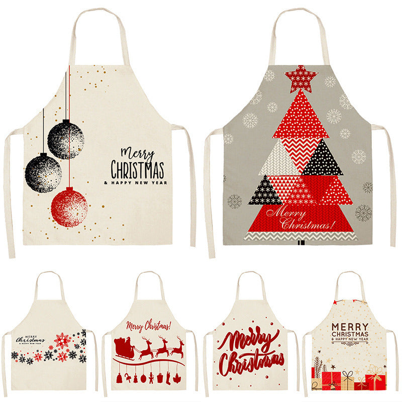 Christmas Deer Art Pattern Female Cleaning Home Cooking Kitchen Apron Chef Ear Cotton Linen PearlNestDecor.com