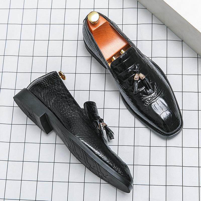 Mens Korean-style Crocodile-pattern Embossed Tassel Leather Shoes Best YouTube Store