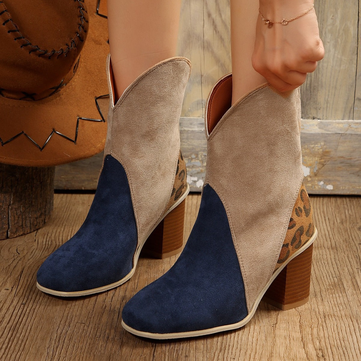 Fashion Splicing Suede Boots Retro Pointed-toe Square High Heel Mid-calf Boots For Women Fall And Winter Shoes LadyShow.Store