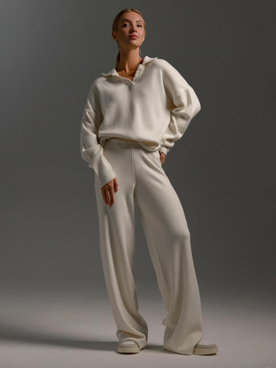 Fall Winter Two Piece Set Women's Simple Loose Solid Color Collar Sweater Set Fashion Casual Sport Wear Set LadyShow.Store