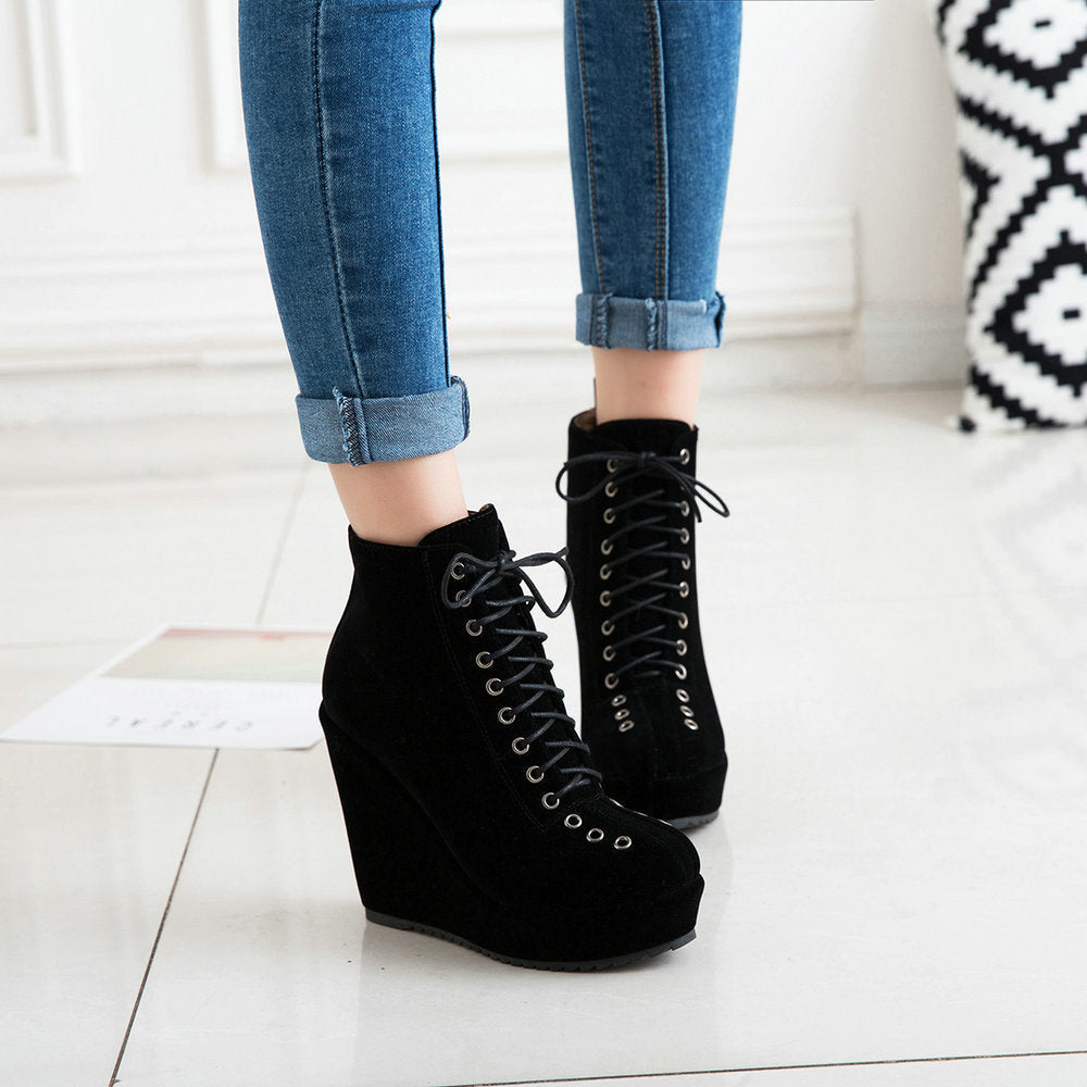 High-heeled Sponge Cake Was Thin Suede Lace-up Martin Boots Women LadyShow.Store