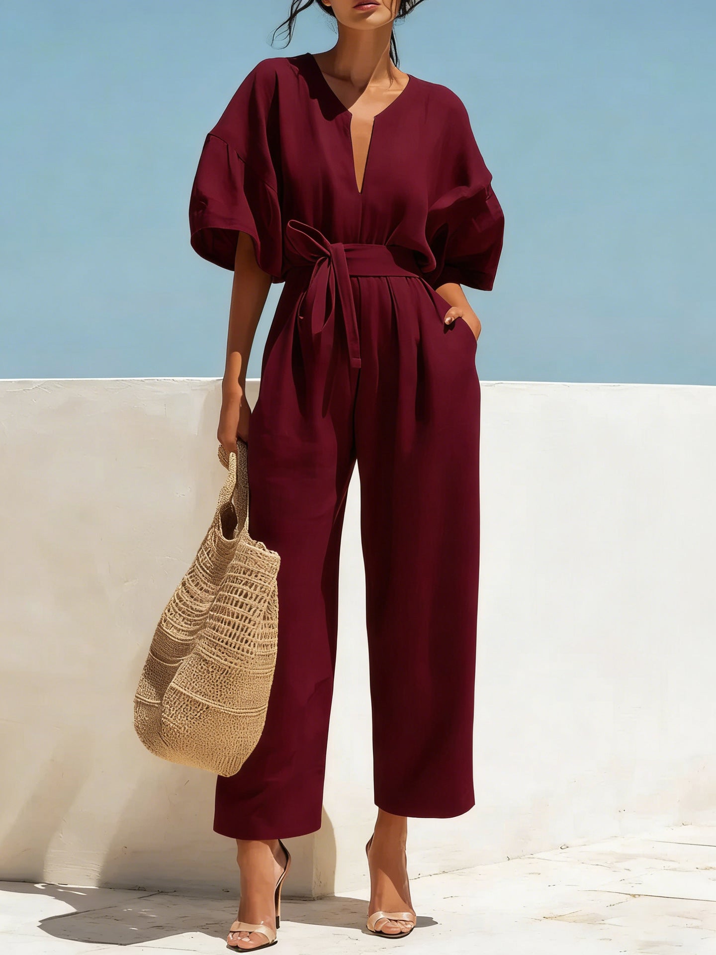 Fashionable V-Neck Solid Color Cotton-Linen Jumpsuit For Women LadyShow.Store