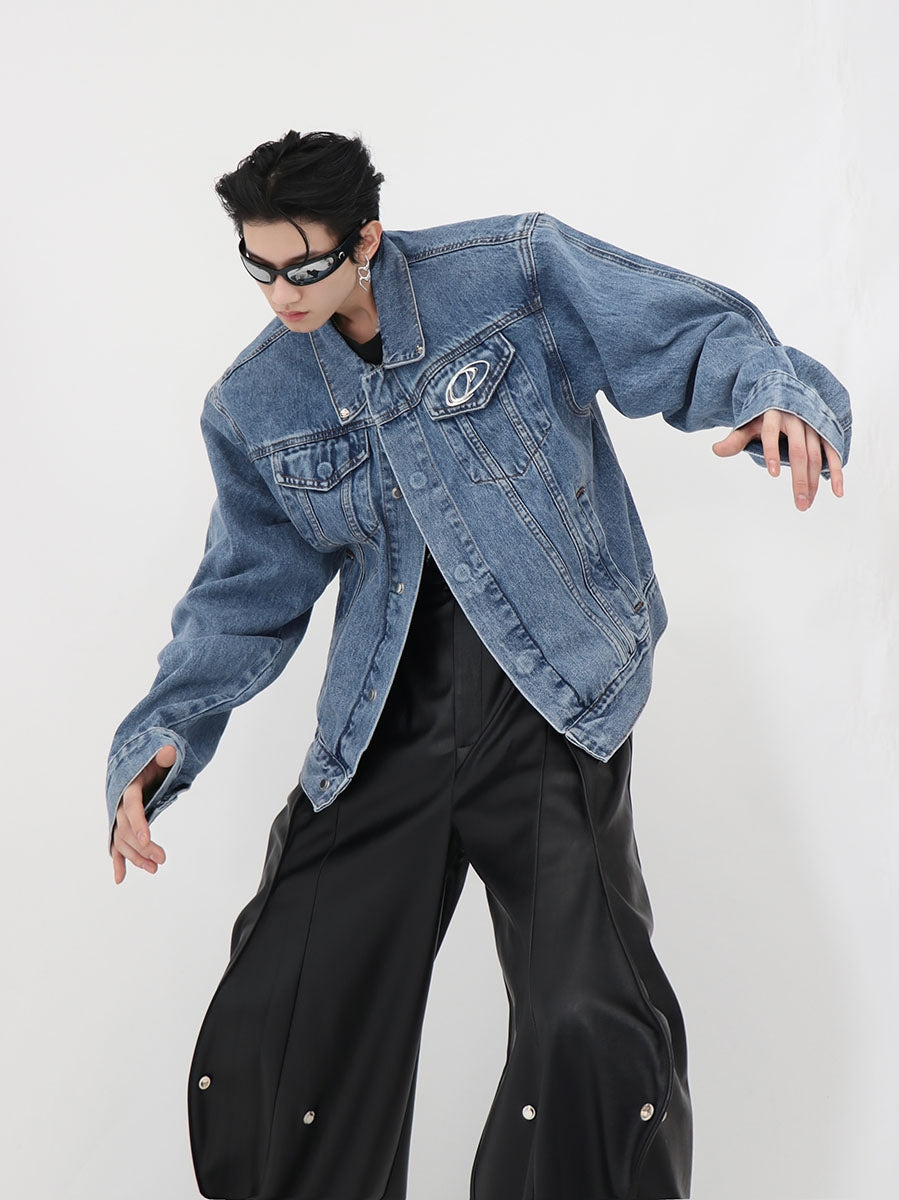 Cropped Denim Jacket with Metal Panels and Pads Pi-Mart