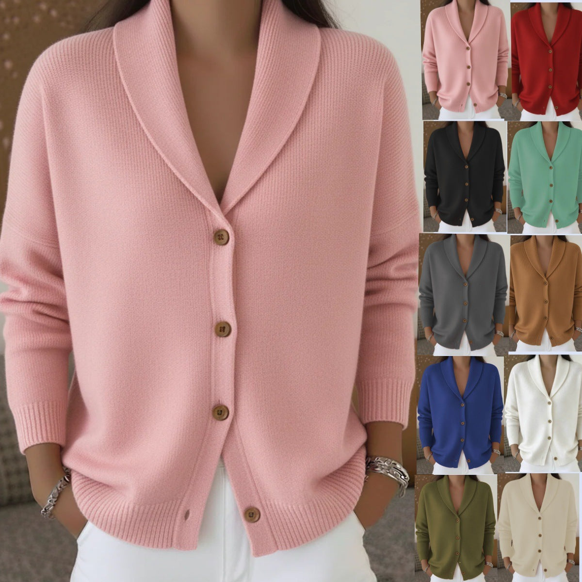 Womens Knitted Cardigan Loose-Fit Lazy Style Soft And Cozy Notch Lapel Solid Color Long-Sleeve Sweater NorixaFashion.com