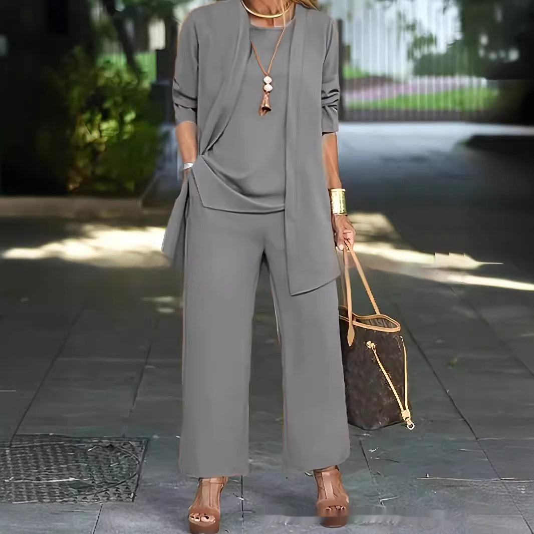 3-piece Cardigan Suit Pure Color Split Sleeveless Vest Top Long Sleeve Jacket And Wide Leg Pants Set NorixaFashion.com