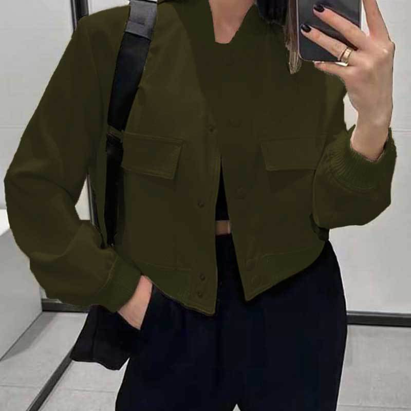 Fashion Button Stand-collar Jacket With Big Pockets Casual Loose Short Outwear Tops Coat For Women Clothing LadyShow.Store