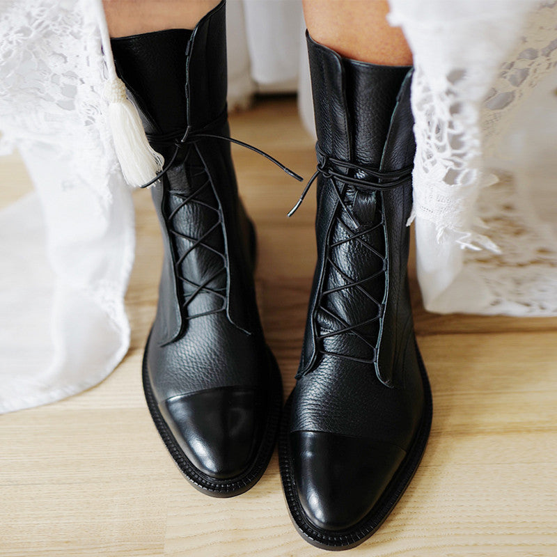 Mid-tube Locomotive Boots Lace-up Black Low-heeled LadyShow.Store