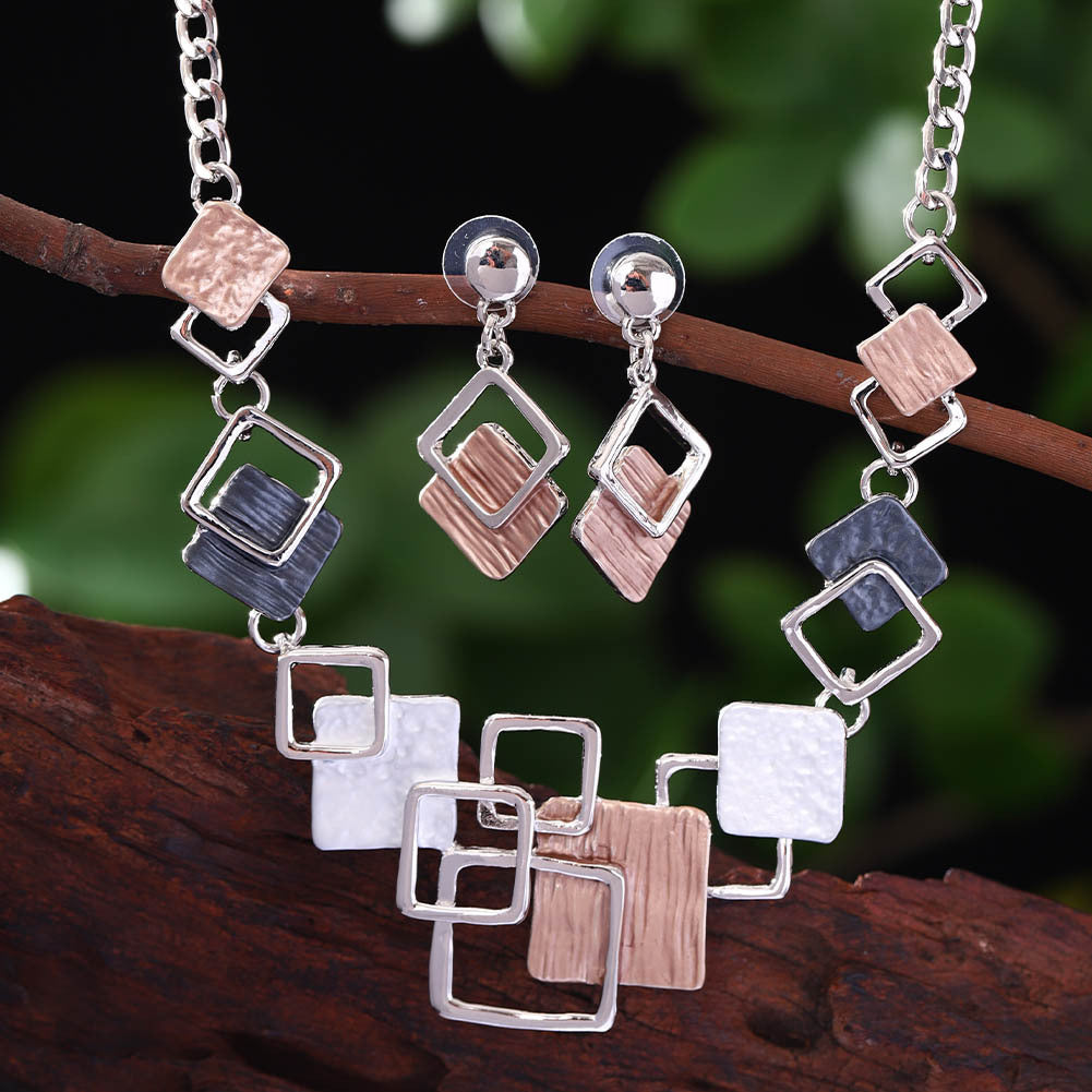 Necklace And Earrings Kit Zinc Alloy Geometric Square Color Oil Necklace Hollow Female LadyShow.Store