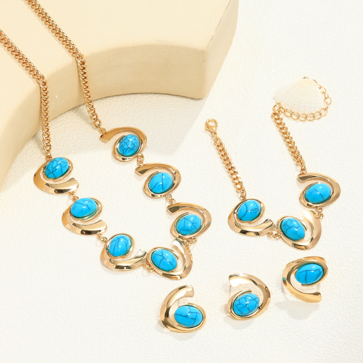 Inlaid Turquoise Spiral Earrings Necklace Bracelet Ring Set LadyShow.Store
