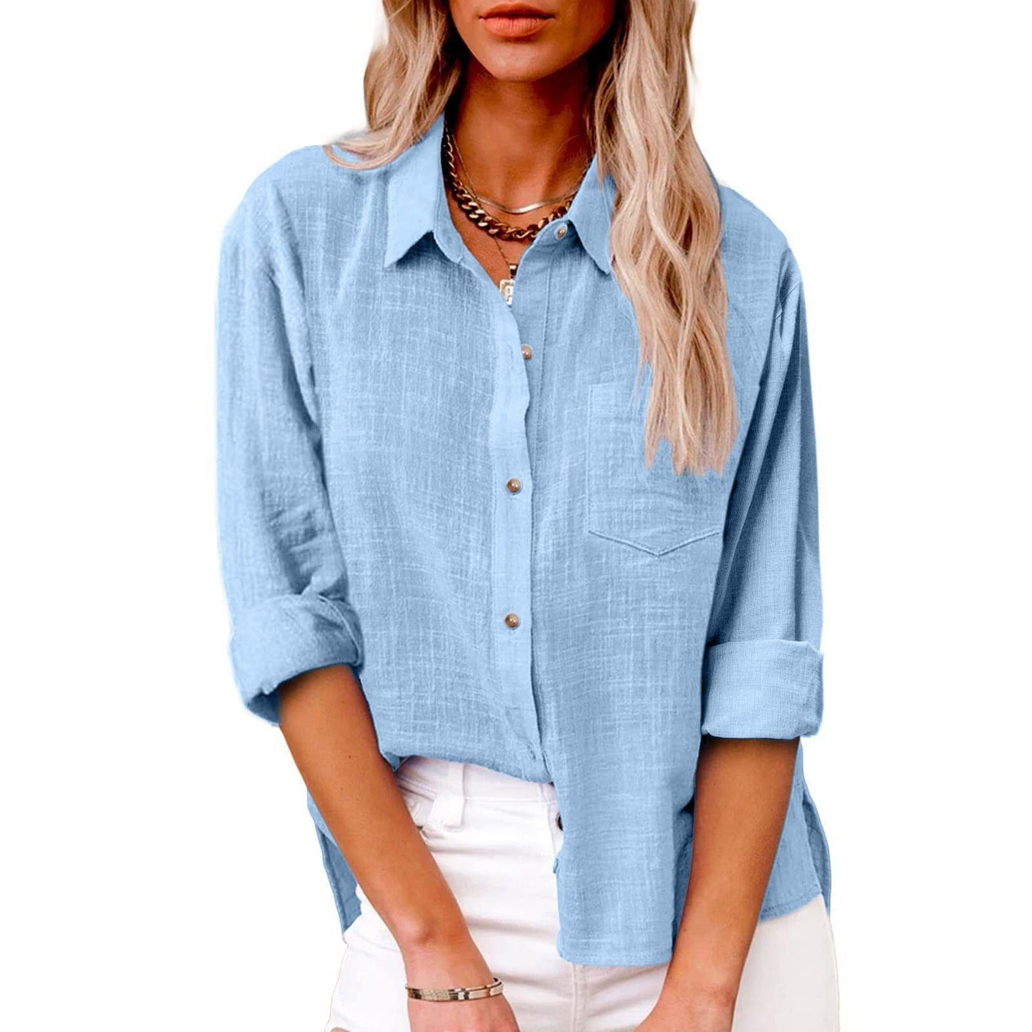 Pocket Split Cotton And Linen Long-sleeved Shirt NorixaFashion.com