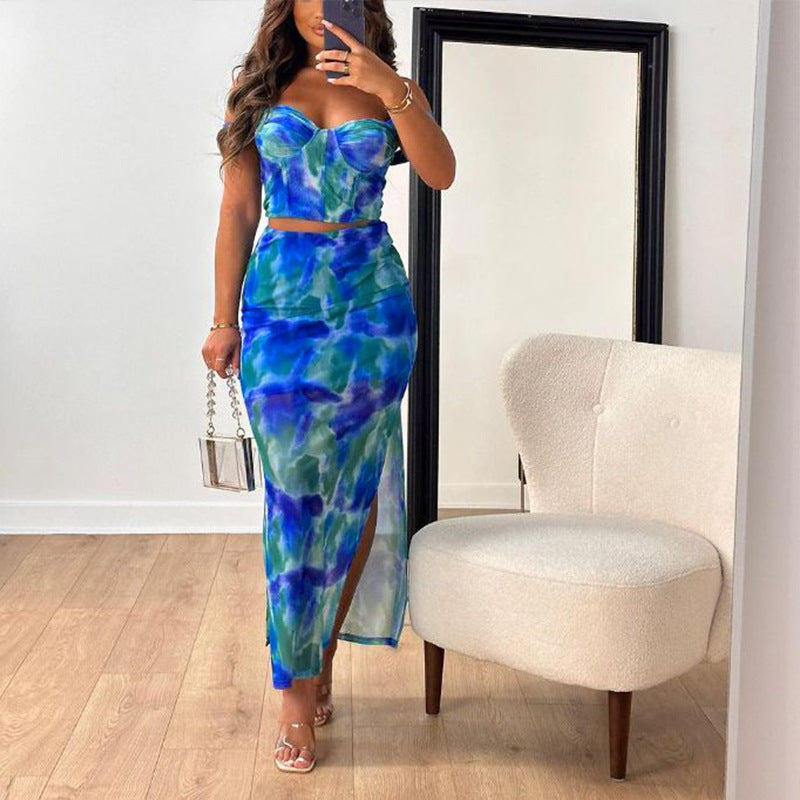 Printed Cropped Camisole With Straps Figure-hugging Sheath Maxi Skirt LadyShow.Store
