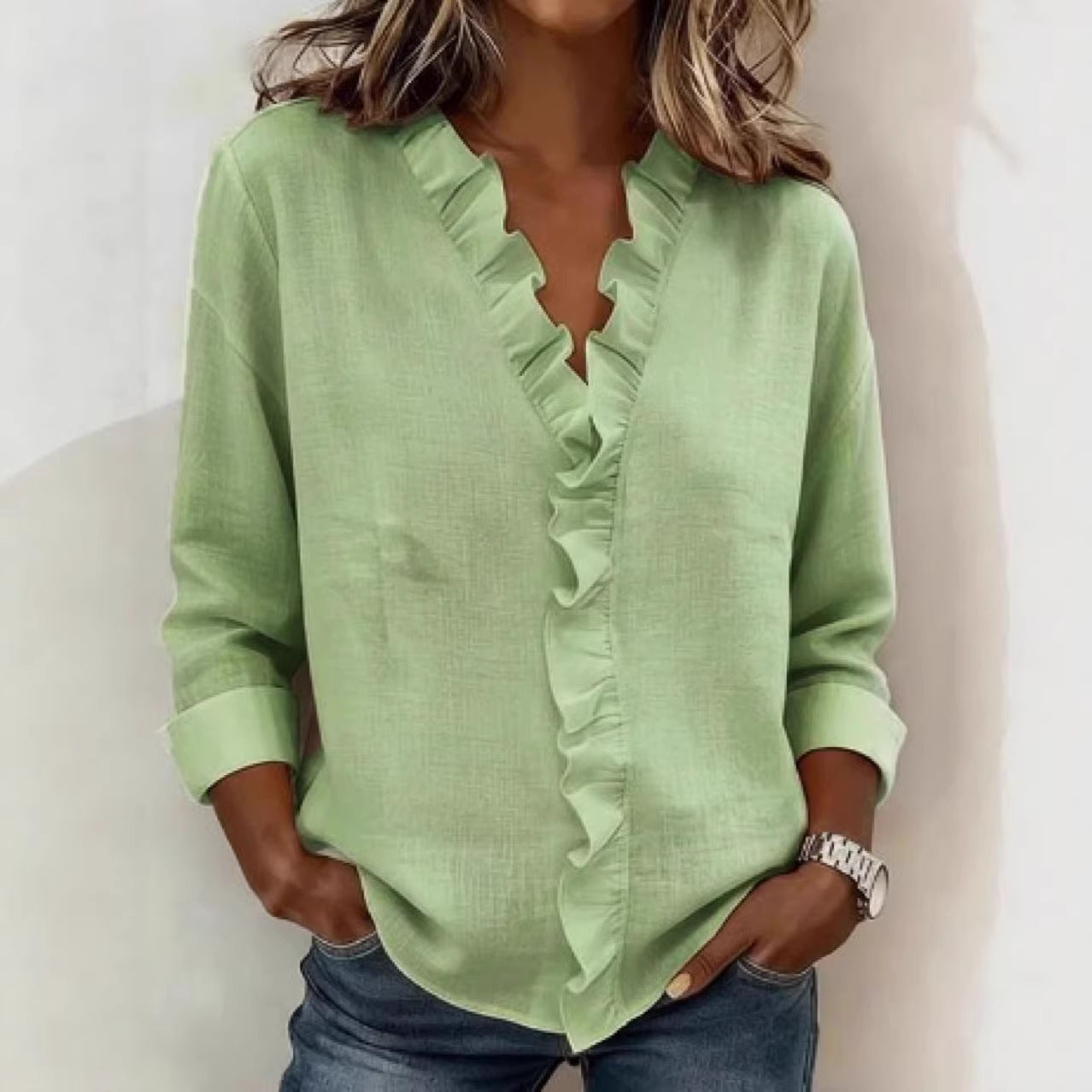 Ruffled Long Sleeve Cotton Shirt NorixaFashion.com