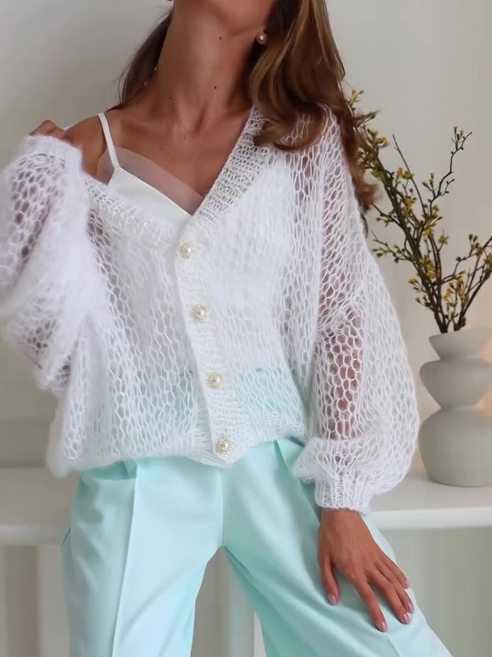 Casual Solid Color Hollow Knit Cardigan NorixaFashion.com