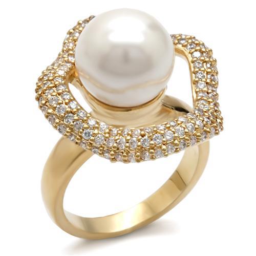 1W103 - Gold Brass Ring with Synthetic Pearl in White LuxuryLifeWay Online Store