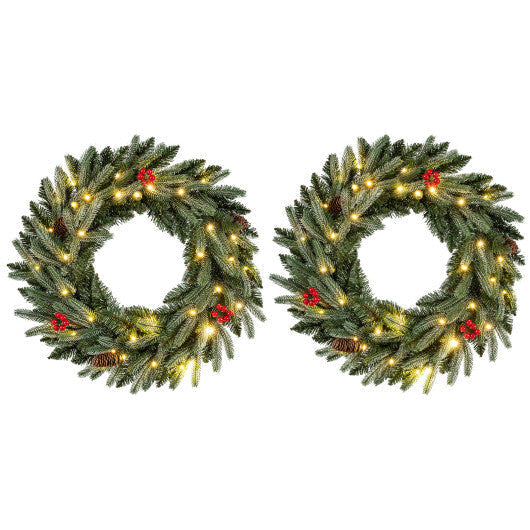 24"  Pre-lit Christmas Wreath Set of 2 Front Door Artificial Xmas Wreath with 90 Frosted Branch Tips LuxuryLifeWay Online Store