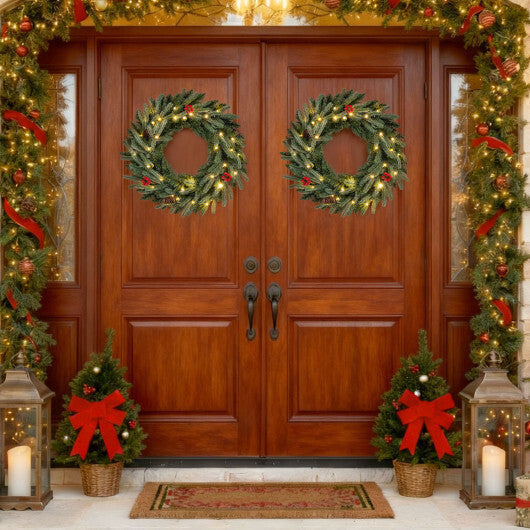 24"  Pre-lit Christmas Wreath Set of 2 Front Door Artificial Xmas Wreath with 90 Frosted Branch Tips LuxuryLifeWay Online Store